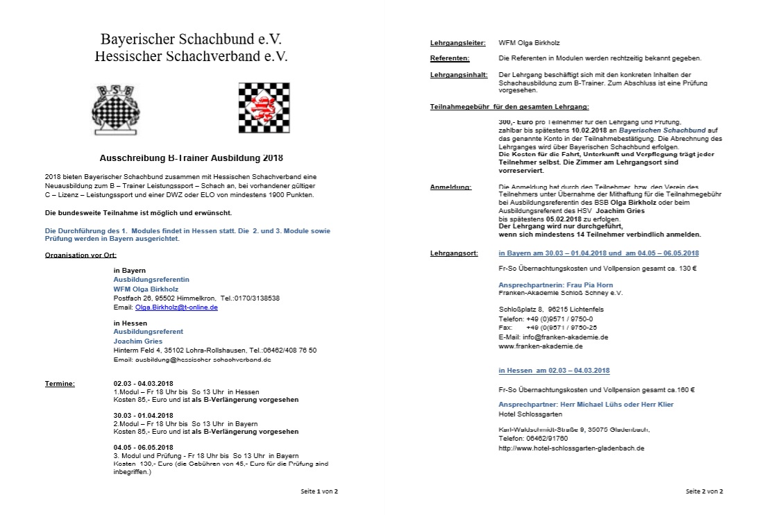 B-Trainerlehrgang und -fortbildung in Hessen / Bayern 2018