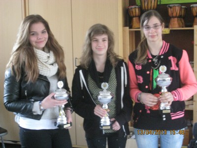 Die Siegerinnen der Hessischen Frauenschnellschacheinzelmeisterschaft 2013: Sonja Maria Bluhm (A), Jessica Schäfer (C), Vanessa Krauße (B)